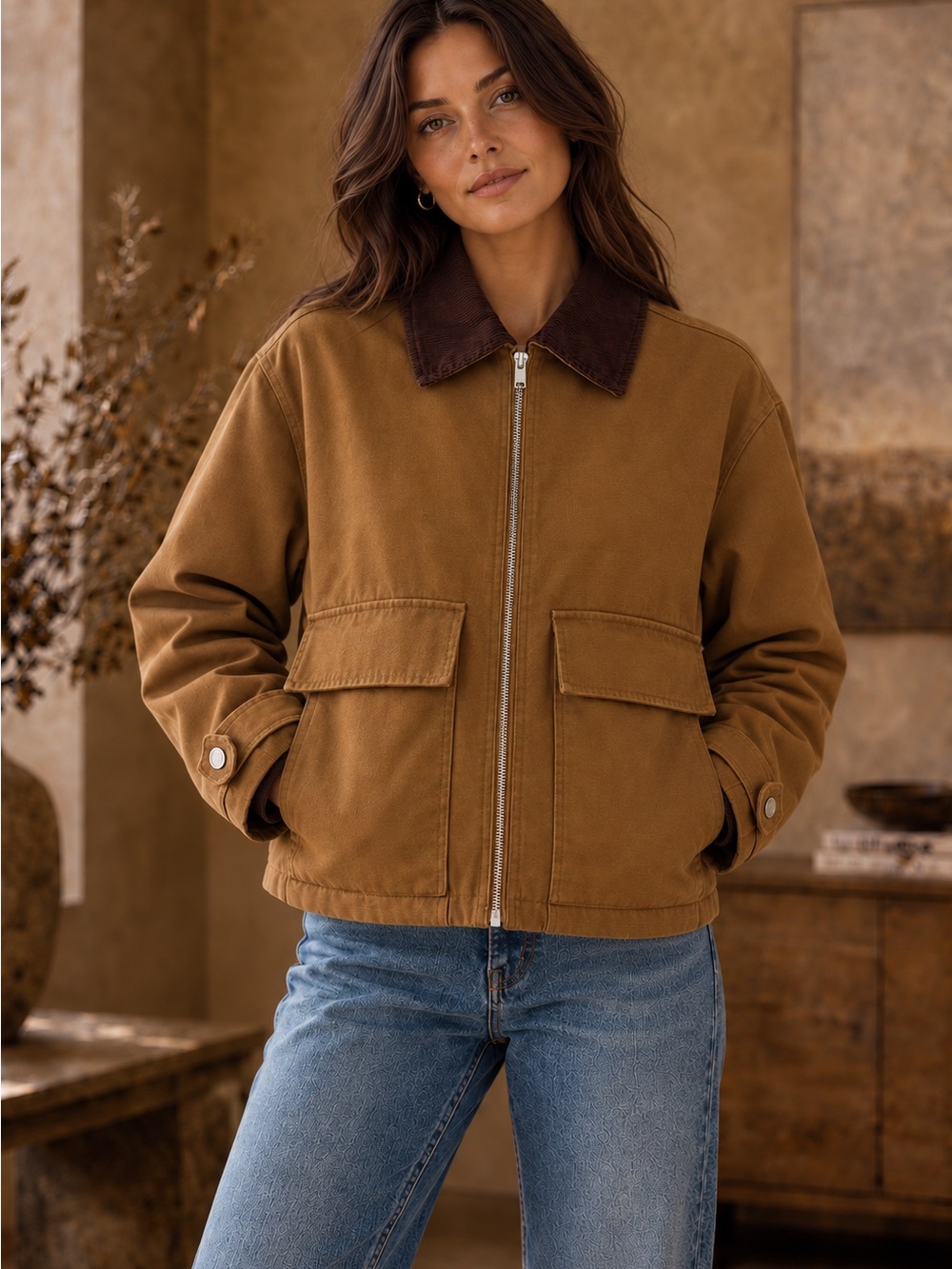 Gorgeous House of Harlow 1960 Tan Canvas Barn Jacket with Corduroy Collar